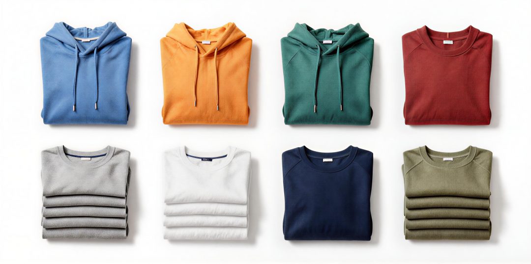 A collection of folded hoodies and sweatshirts in various colors, arranged neatly in two rows.